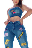 Blue Sexy Polyester Embroidery Embroidered Make Old Split Joint Backless Spaghetti Strap Sleeveless Short Two Pieces