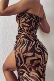 Khaki Sexy Animal Print Split Joint Spaghetti Strap Printed Dress Dresses