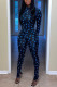 Dark Blue Sexy Print Mandarin Collar Long Sleeve Two Pieces