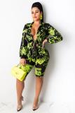 Green adult Sexy Fashion Bandage Print Two Piece Suits Letter pencil Long Sleeve