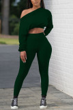 Dark Blue Fashion Casual Solid Basic Oblique Collar Long Sleeve Two Pieces