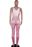 Pink Fashion street Print Draped Milk. Sleeveless V Neck Jumpsuits