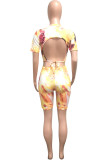 Yellow venetian Fashion Street Print Two Piece Suits Skinny Short Sleeve Two Pieces