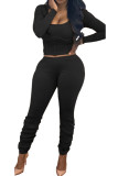 Black Fashion Street Adult Polyester Solid Split Joint U Neck Long Sleeve Regular Sleeve Short Two Pieces