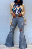 Grey Fashion Casual Solid Ripped Mid Waist Boot Cut Jeans