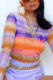Multicolor Casual Print Patchwork O Neck Mid Waist Tops