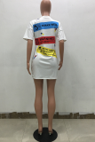 White Casual Fashion Cap Sleeve Short Sleeves O neck Step Skirt Mini Patchwork Colouring Print a