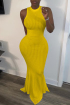 Yellow Sexy Sleeveless Halter Neck Mermaid Floor-Length Solid Dresses