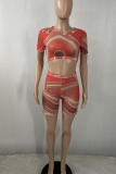 Red Sexy Print Mesh O Neck Short Sleeve Two Pieces