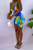 Blue Sexy Print Patchwork V Neck Irregular Dress Dresses