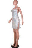 White Sexy Ripped Hollowed Out Sequins See-through Backless Slit Halter Mini Dress Dresses