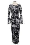 Yellow Sexy adult Fashion Cap Sleeve Long Sleeves O neck Pencil Dress Floor-Length Print Patchwor