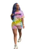 Pink Fashion Casual adult Letter Patchwork Print Gradient Two Piece Suits pencil Short Sleeve Two Pieces