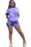 purple Polyester Fashion Casual adult Ma'am Print Tie Dye Two Piece Suits pencil Short Sleeve Two Pieces