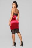 Red Polyester Fashion Sexy Spaghetti Strap Sleeveless Slip Step Skirt Knee-Length lace Patchwork