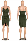 Army Green Polyester Fashion Sexy Slip Step Skirt Knee-Length backless Solid Club Dresses