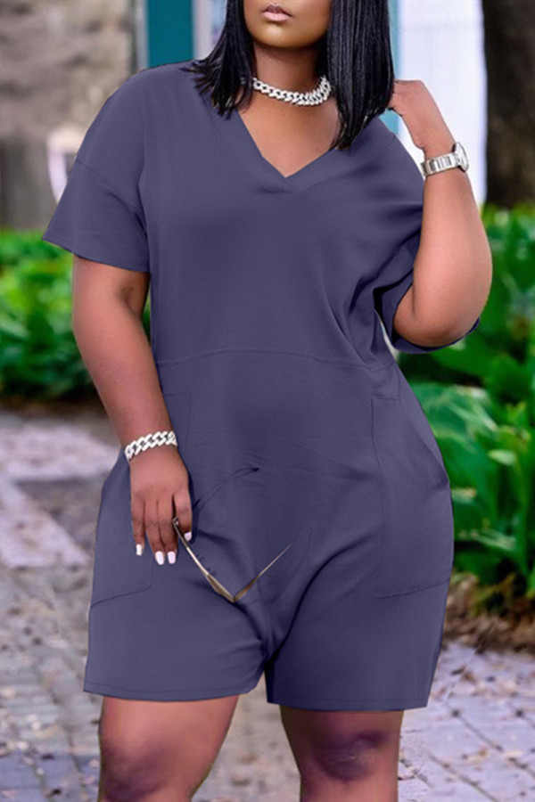 Dark Blue Fashion Casual Solid Basic V Neck Regular Rompers