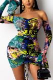 Colour Sexy Print Bateau Neck Wrapped Skirt Dresses