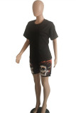 Black Fashion Casual Print Basic O Neck Short Sleeve Two Pieces