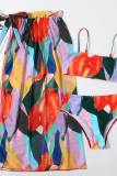 Rose Red Sexy Print Split Joint Swimwears Three Pieces
