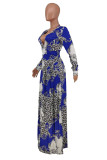 Blue White Elegant Print V Neck Dresses