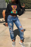 Black Casual Print Patchwork O Neck Tops
