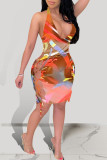 Orange Sexy Print Hollowed Out Backless Strap Design Halter Sleeveless Dress