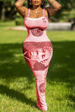 Red Sexy Casual Print Backless Square Collar Sling Dress