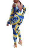 Blue Fashion Sexy Print Long Sleeve O Neck Jumpsuits