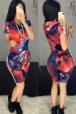 Dark Red venetian Fashion Casual Print Tie Dye Two Piece Suits pencil Short Sleeve Two Pieces