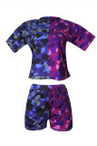 Blue Fashion Casual Camouflage Print Basic O Neck Short Sleeve Two Pieces