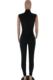 Black Fashion Sexy Print zipper Patchwork Polyester Sleeveless O Neck Jumpsuits