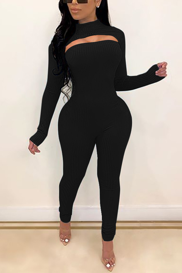Black Casual Solid Patchwork Half A Turtleneck Long Sleeve Two Pieces