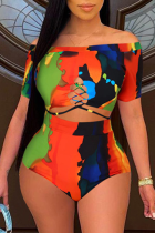 Orange Sexy Print Split Joint Off the Shoulder Short Sleeve Two Pieces