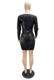 Color Blue Sexy Solid Hollowed Out Patchwork O Neck Pencil Skirt Dresses
