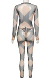 Khaki Sexy Print Hollowed Out O Neck Long Sleeve Two Pieces