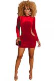 Gold adult Fashion Casual Cap Sleeve Long Sleeves O neck Pencil Dress Mini Solid hollow out Lo