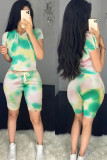Light Green venetian Fashion Casual Print Tie Dye Two Piece Suits pencil Short Sleeve Two Pieces