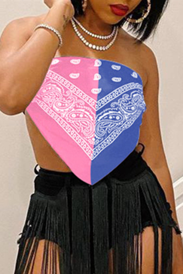 Powder Blue Fashion Sexy Patchwork Print Backless Strapless Tops