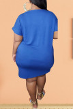 Color blue Fashion Sexy adult Ma'am O Neck Print Pattern Plus Size