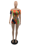 Orange Sexy Print Split Joint Off the Shoulder Short Sleeve Two Pieces