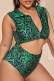 Green Fashion Sexy Print Basic Zipper Collar Plus Size Swimwear