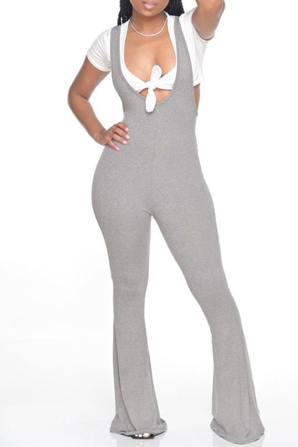 Grey Sexy Casual Solid Backless U Neck Regular Jumpsuits (No T-shirt)