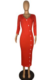 Red Sexy Solid Patchwork Buttons V Neck Pencil Skirt Dresses