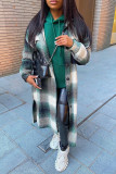 Black Green Fashion Casual Plaid Print Cardigan Turndown Collar Outerwear