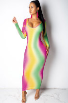 Multi-color Sexy Fashion Cap Sleeve Long Sleeves V Neck A-Line Ankle-Length Print Patchwork