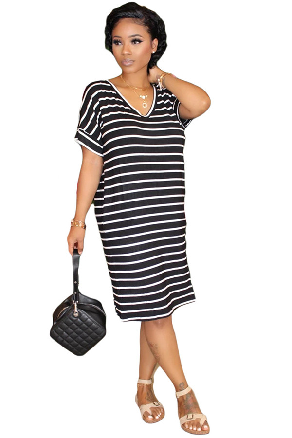 Black Polyester Sweet Fashion adult Cap Sleeve Short Sleeves O neck Step Skirt Knee-Length Striped Patchwo