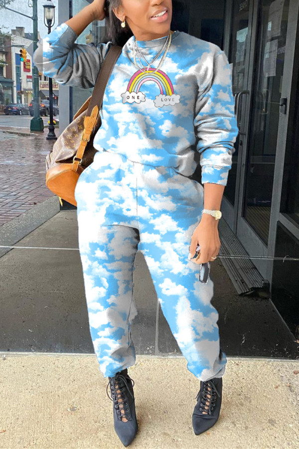 Baby Blue Fashion Casual Print Capris Basic O Neck Long Sleeve Two Pieces