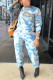 Baby Blue Fashion Casual Print Capris Basic O Neck Long Sleeve Two Pieces