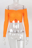 White Red Black Blue Pink Orange One word collar Long Sleeve Solid Tops